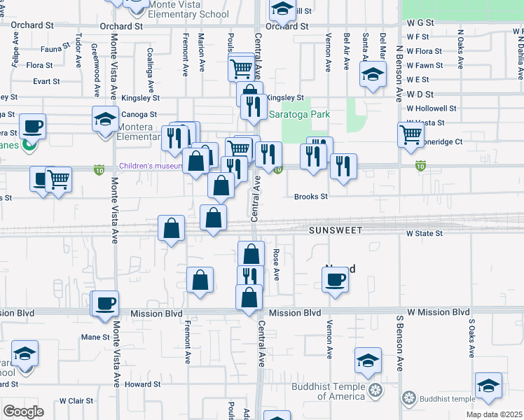 map of restaurants, bars, coffee shops, grocery stores, and more near 10625 Central Avenue in Montclair