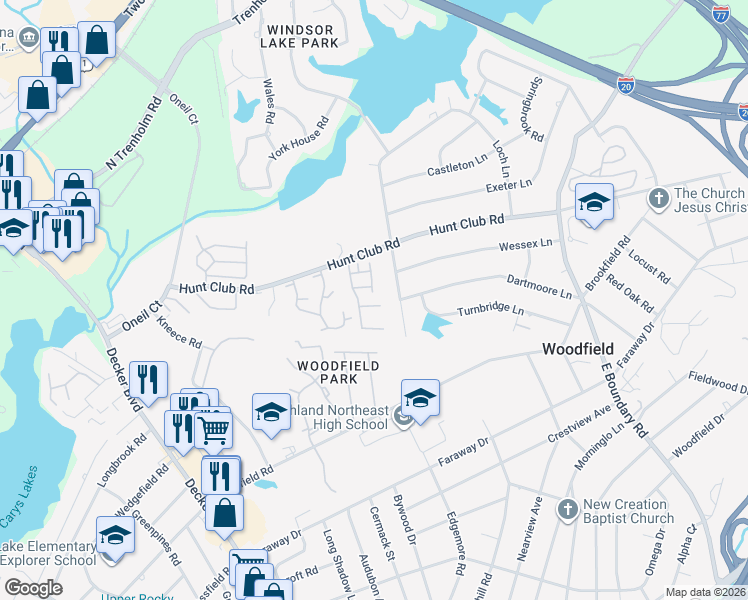 map of restaurants, bars, coffee shops, grocery stores, and more near 7602 Hunt End Court in Columbia