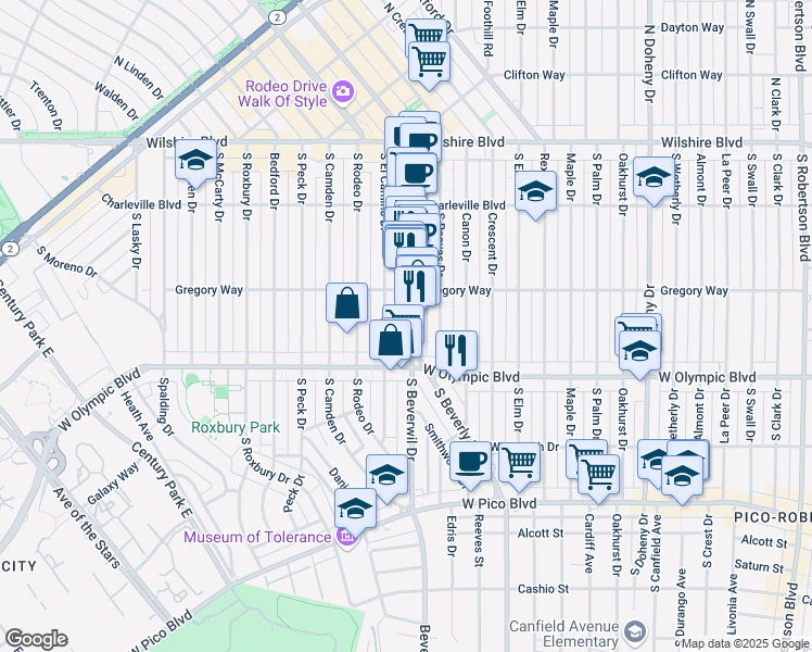 map of restaurants, bars, coffee shops, grocery stores, and more near 353 South Beverly Drive in Beverly Hills
