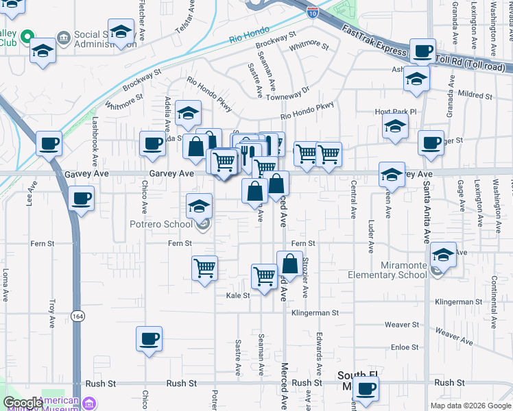 map of restaurants, bars, coffee shops, grocery stores, and more near 2703 Seaman Avenue in El Monte