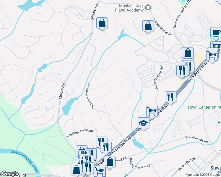 map of restaurants, bars, coffee shops, grocery stores, and more near 4405 Red Rock Point in Suwanee