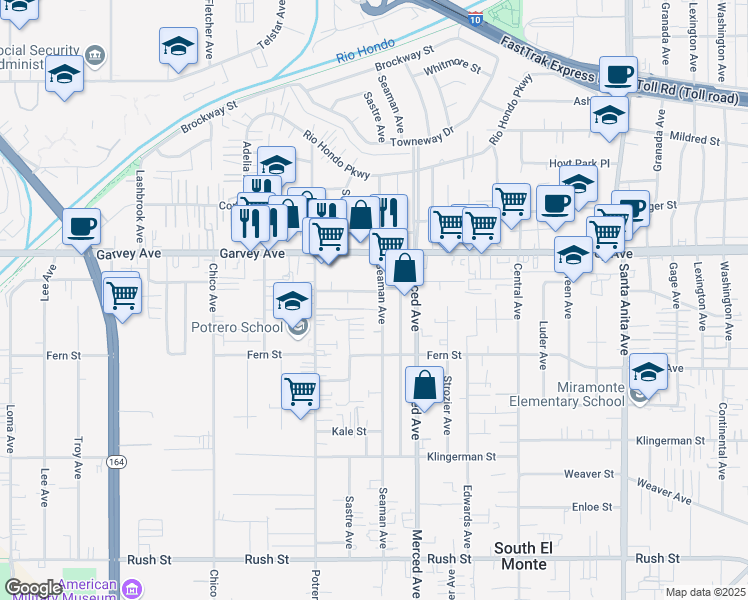 map of restaurants, bars, coffee shops, grocery stores, and more near 2703 Seaman Avenue in El Monte