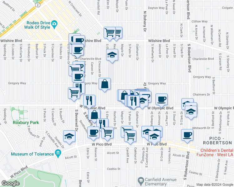 map of restaurants, bars, coffee shops, grocery stores, and more near 344 South Rexford Drive in Beverly Hills