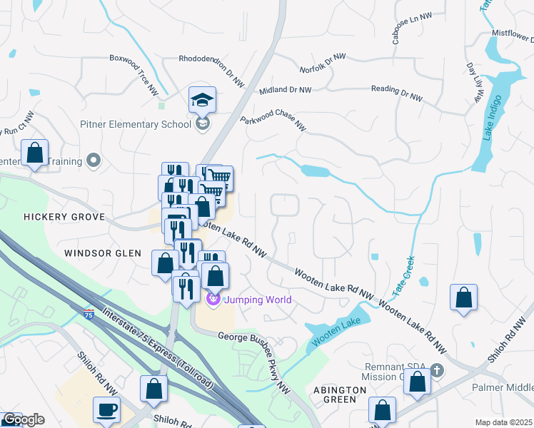 map of restaurants, bars, coffee shops, grocery stores, and more near 1164 Rockmart Circle Northwest in Kennesaw