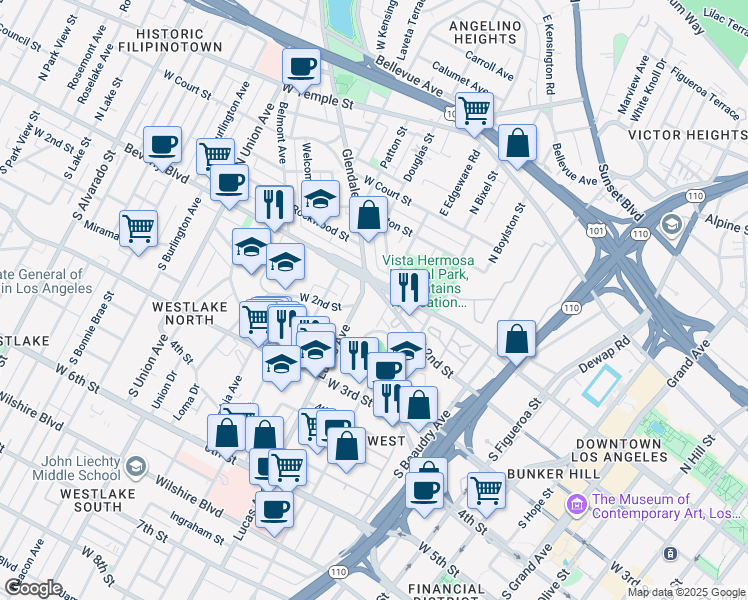 map of restaurants, bars, coffee shops, grocery stores, and more near 1304 West 2nd Street in Los Angeles