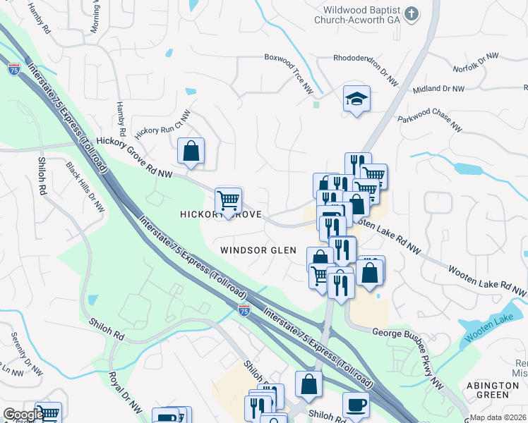 map of restaurants, bars, coffee shops, grocery stores, and more near 4401 Windmoor Drive Northwest in Kennesaw