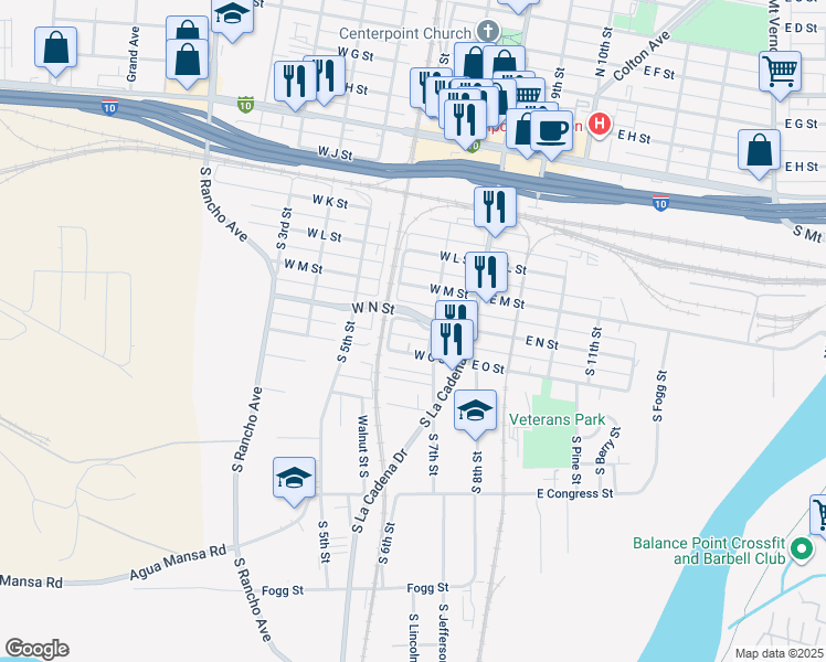 map of restaurants, bars, coffee shops, grocery stores, and more near West N Street South in Colton