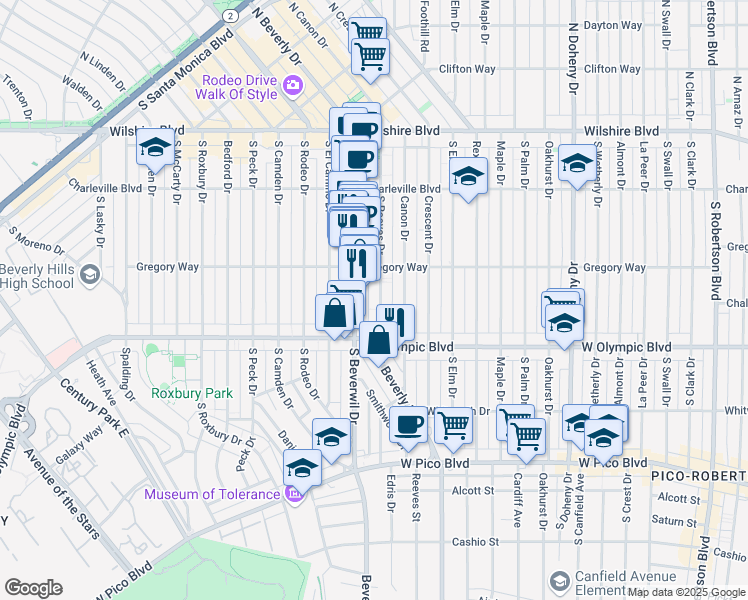 map of restaurants, bars, coffee shops, grocery stores, and more near 329 South Reeves Drive in Beverly Hills