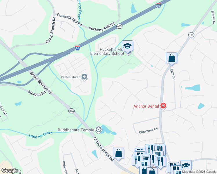 map of restaurants, bars, coffee shops, grocery stores, and more near 2844 Ashton Briar Court in Dacula