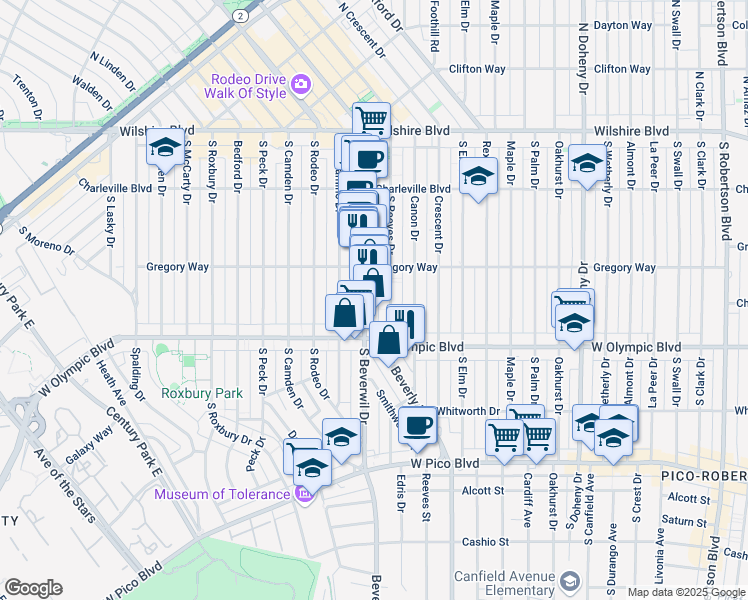 map of restaurants, bars, coffee shops, grocery stores, and more near 346 South Reeves Drive in Beverly Hills