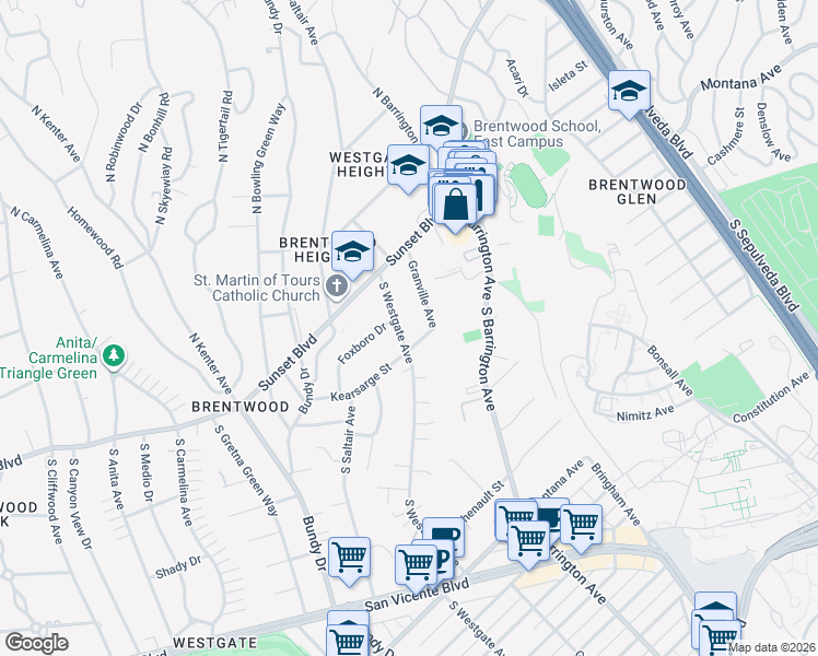 map of restaurants, bars, coffee shops, grocery stores, and more near 170 South Westgate Avenue in Los Angeles
