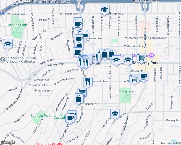 map of restaurants, bars, coffee shops, grocery stores, and more near 213 South Chandler Avenue in Monterey Park