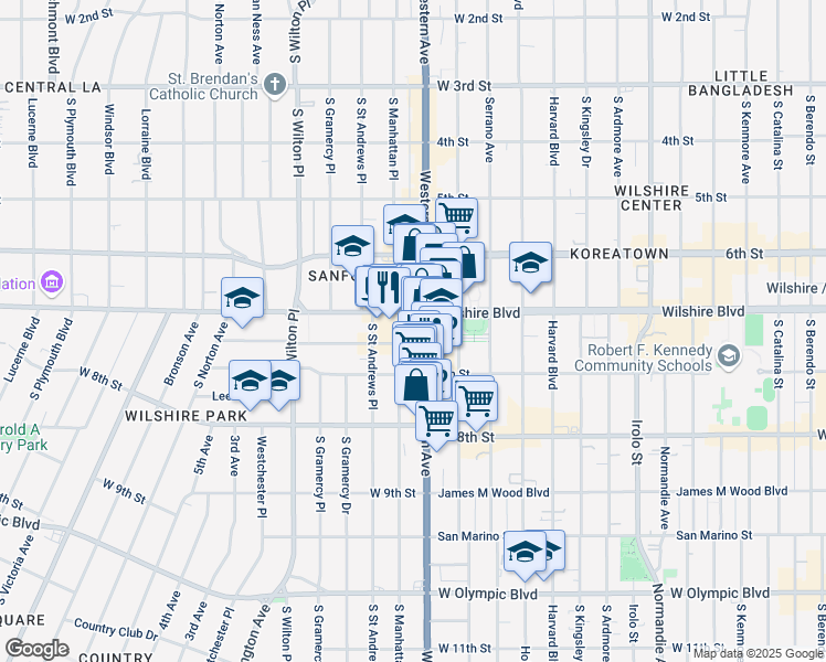 map of restaurants, bars, coffee shops, grocery stores, and more near 3810 Wilshire Boulevard in Los Angeles
