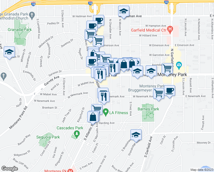map of restaurants, bars, coffee shops, grocery stores, and more near 213 South Chandler Avenue in Monterey Park
