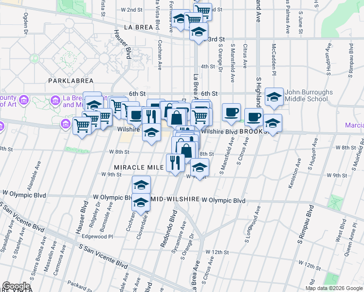 map of restaurants, bars, coffee shops, grocery stores, and more near 5314 West 8th Street in Los Angeles