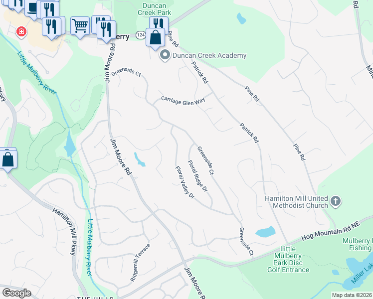 map of restaurants, bars, coffee shops, grocery stores, and more near 2302 Floral Ridge Drive in Dacula