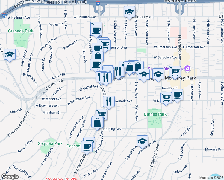 map of restaurants, bars, coffee shops, grocery stores, and more near 209 South Chandler Avenue in Monterey Park