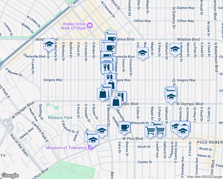 map of restaurants, bars, coffee shops, grocery stores, and more near 346 South Reeves Drive in Beverly Hills
