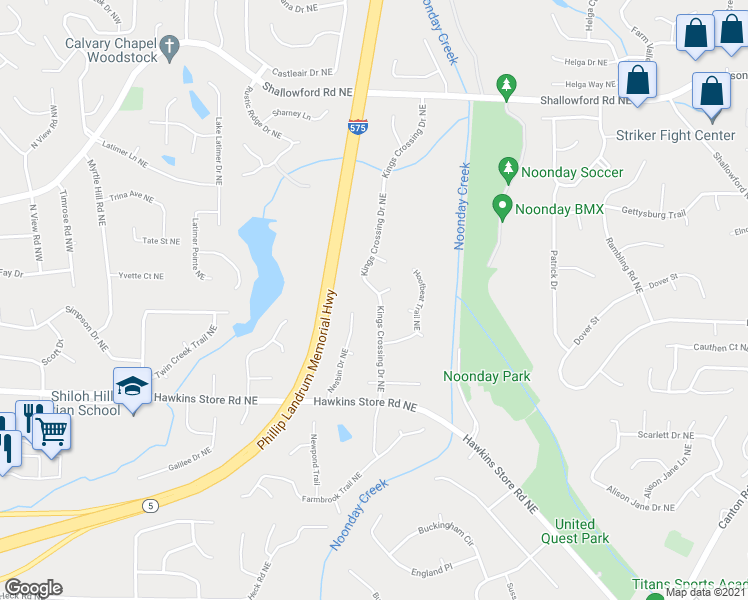map of restaurants, bars, coffee shops, grocery stores, and more near 4553 Kings Crossing Drive Northeast in Kennesaw