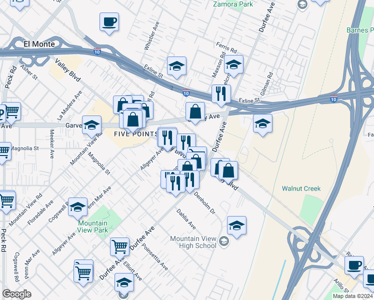 map of restaurants, bars, coffee shops, grocery stores, and more near 12213 Valley Boulevard in El Monte
