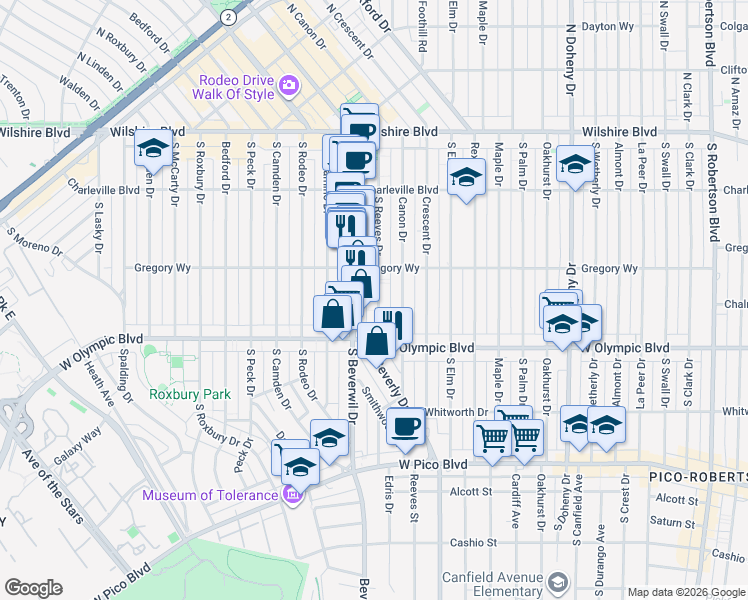 map of restaurants, bars, coffee shops, grocery stores, and more near 346 South Reeves Drive in Beverly Hills