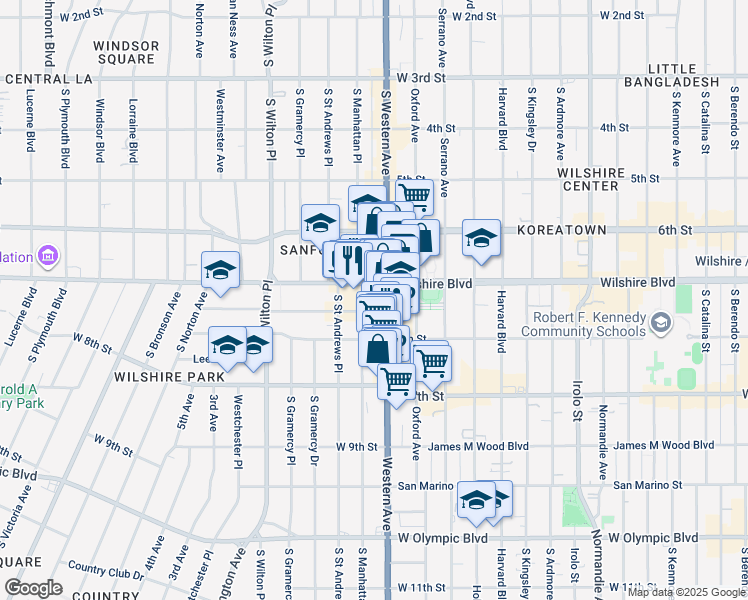 map of restaurants, bars, coffee shops, grocery stores, and more near 3810 Wilshire Boulevard in Los Angeles