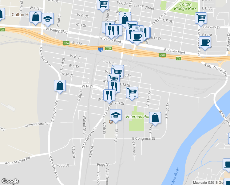 map of restaurants, bars, coffee shops, grocery stores, and more near 101 East N Street in Colton