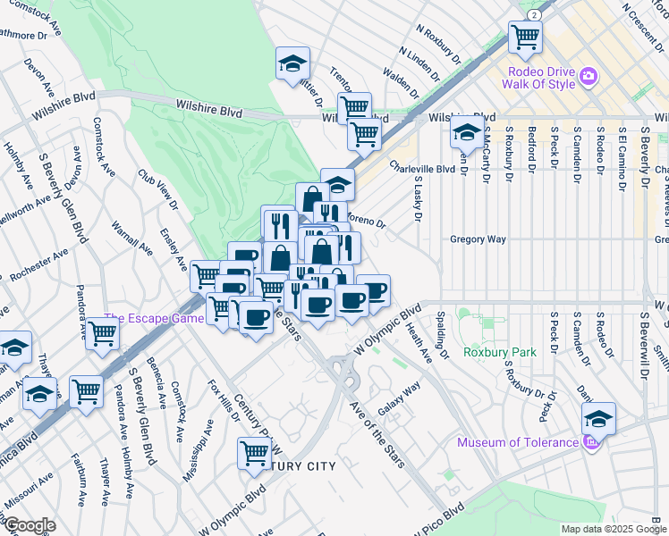 map of restaurants, bars, coffee shops, grocery stores, and more near 1888 Century Park East in Los Angeles