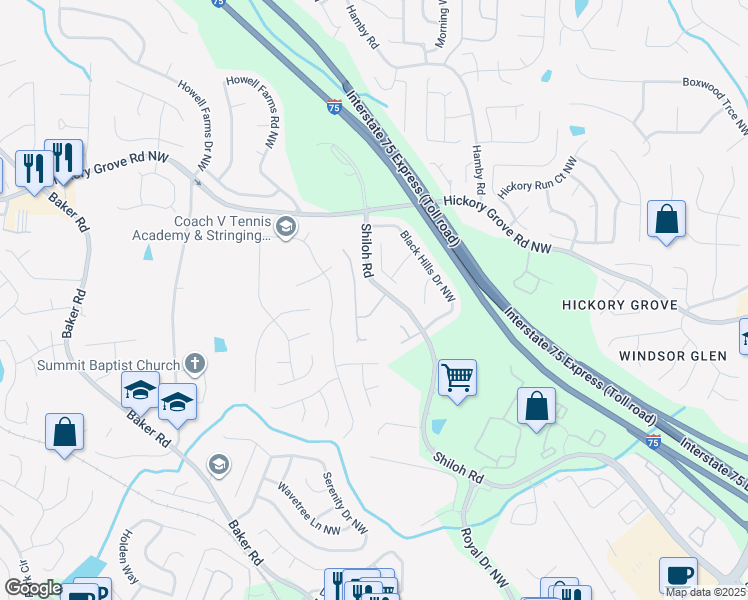 map of restaurants, bars, coffee shops, grocery stores, and more near 2077 Tweed Drive in Acworth