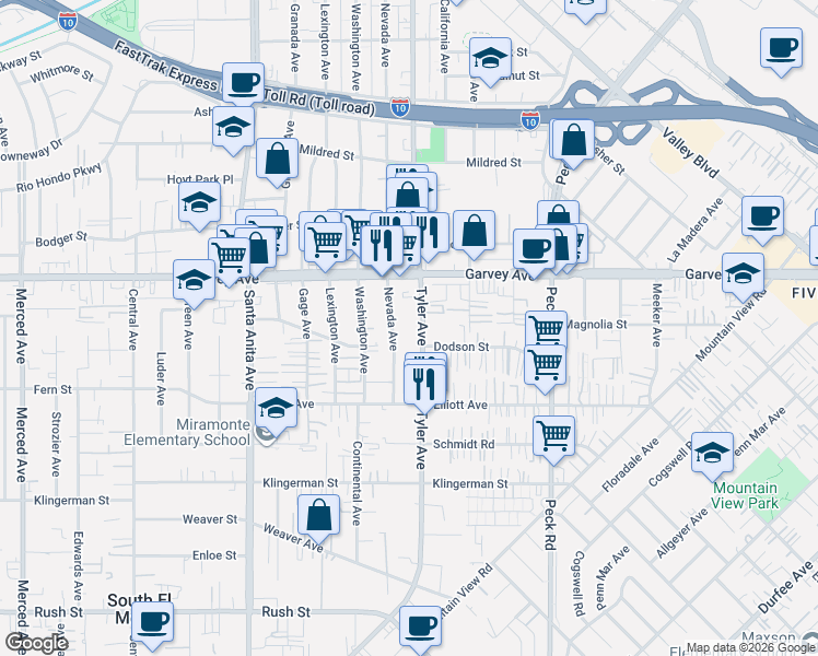map of restaurants, bars, coffee shops, grocery stores, and more near 2721 Tyler Avenue in El Monte