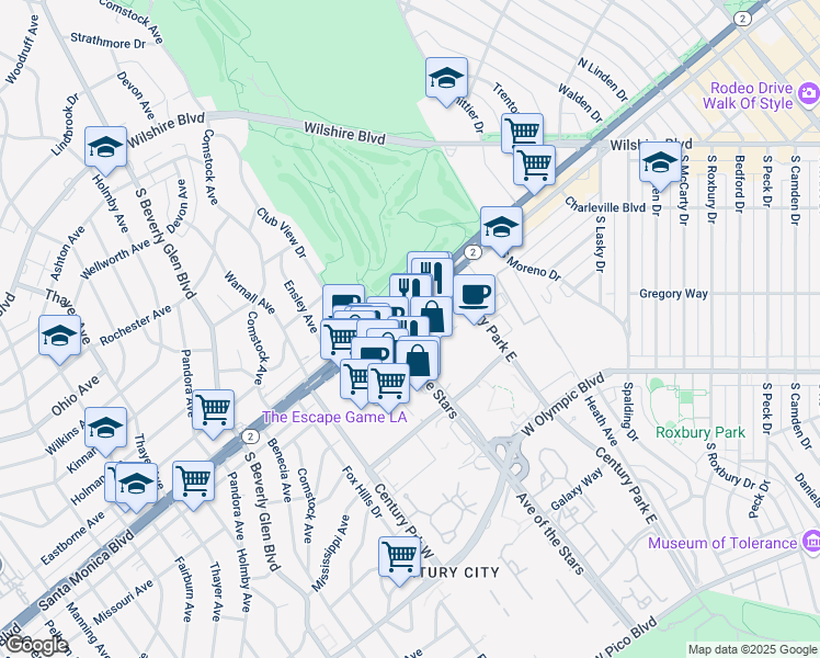 map of restaurants, bars, coffee shops, grocery stores, and more near 1855 Avenue of the Stars in Los Angeles