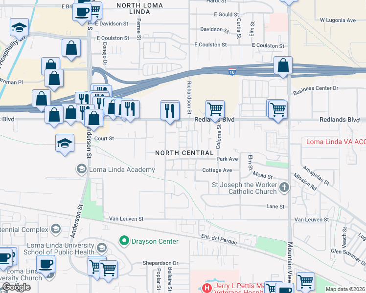 map of restaurants, bars, coffee shops, grocery stores, and more near 25248 Park Avenue in Loma Linda