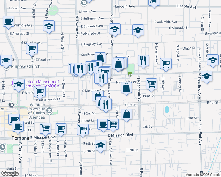 map of restaurants, bars, coffee shops, grocery stores, and more near 714 East Monterey Avenue in Pomona
