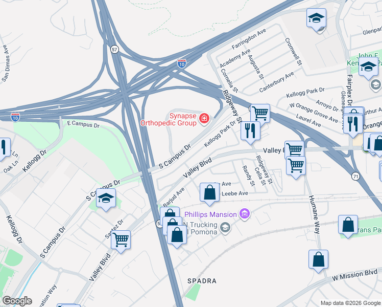 map of restaurants, bars, coffee shops, grocery stores, and more near 2576 Kellogg Park Drive in Pomona