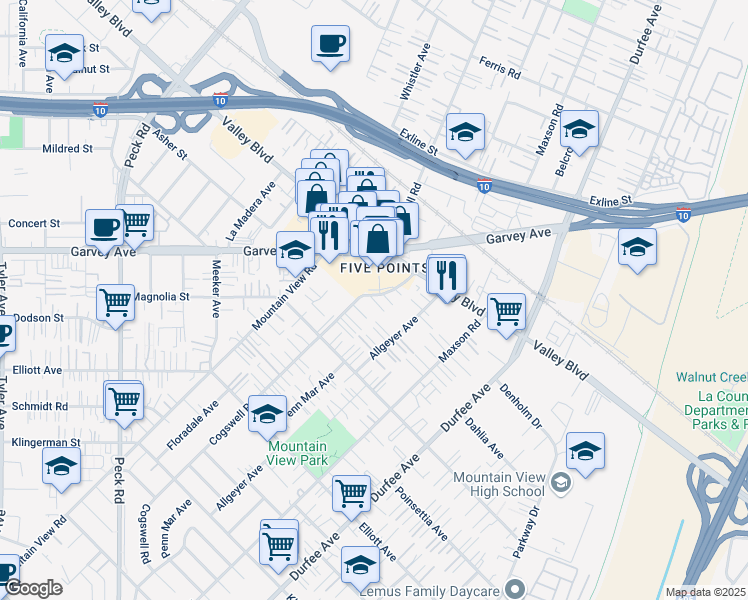 map of restaurants, bars, coffee shops, grocery stores, and more near 2916 Cogswell Road in El Monte