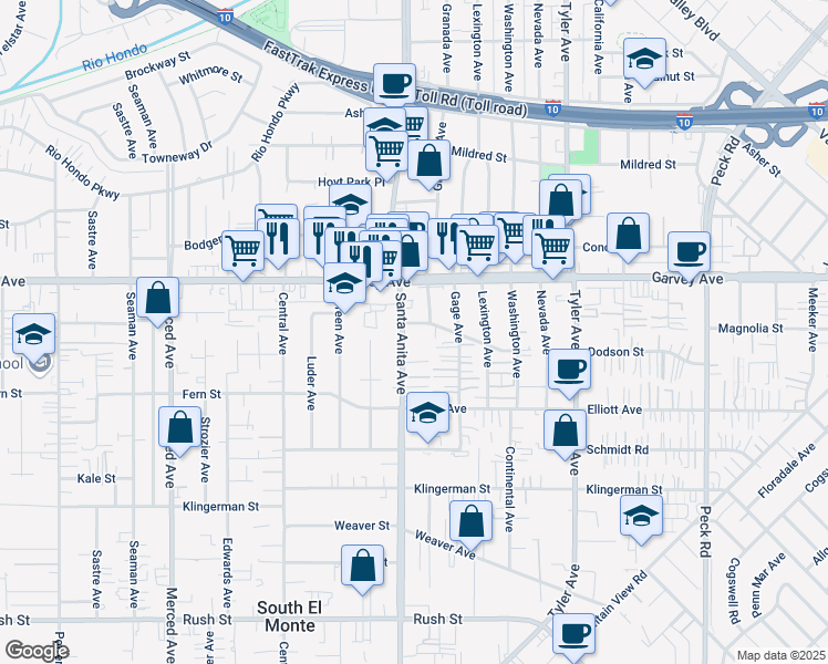 map of restaurants, bars, coffee shops, grocery stores, and more near 2663 Santa Anita Avenue in El Monte
