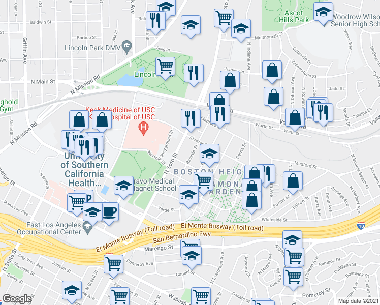 map of restaurants, bars, coffee shops, grocery stores, and more near 1525 Tremont Street in Los Angeles