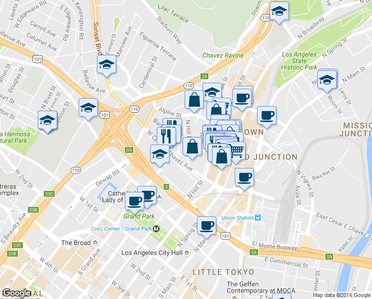 map of restaurants, bars, coffee shops, grocery stores, and more near 636 North Hill Place in Los Angeles