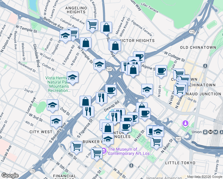 map of restaurants, bars, coffee shops, grocery stores, and more near in Los Angeles