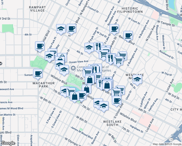 map of restaurants, bars, coffee shops, grocery stores, and more near 521 South Alvarado Street in Los Angeles
