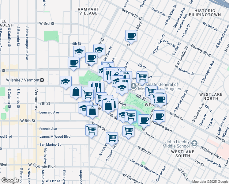map of restaurants, bars, coffee shops, grocery stores, and more near 2525 Wilshire Boulevard in Los Angeles