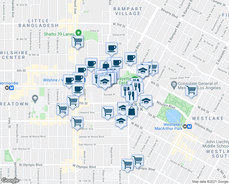 map of restaurants, bars, coffee shops, grocery stores, and more near 2832 Sunset Place in Los Angeles