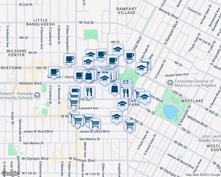 map of restaurants, bars, coffee shops, grocery stores, and more near 2900 Sunset Place in Los Angeles