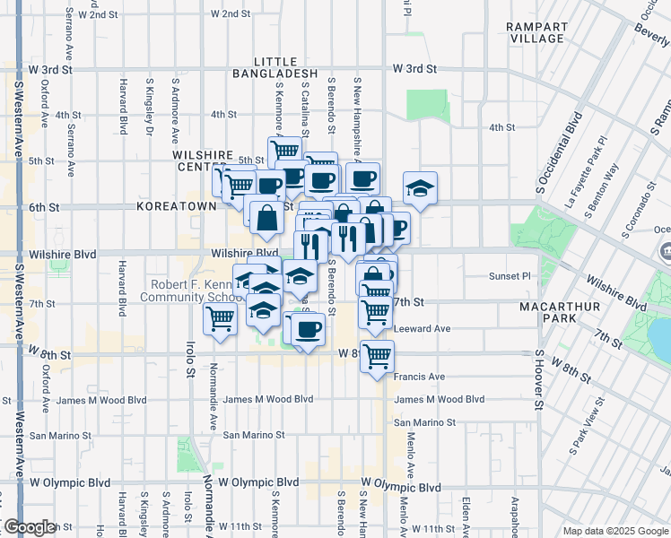 map of restaurants, bars, coffee shops, grocery stores, and more near 689 South Berendo Street in Los Angeles