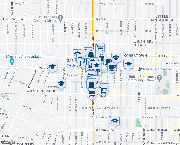 map of restaurants, bars, coffee shops, grocery stores, and more near 581 South Western Avenue in Los Angeles