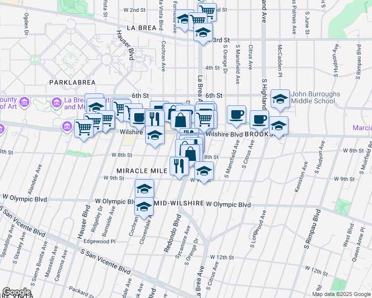 map of restaurants, bars, coffee shops, grocery stores, and more near 5314 West 8th Street in Los Angeles