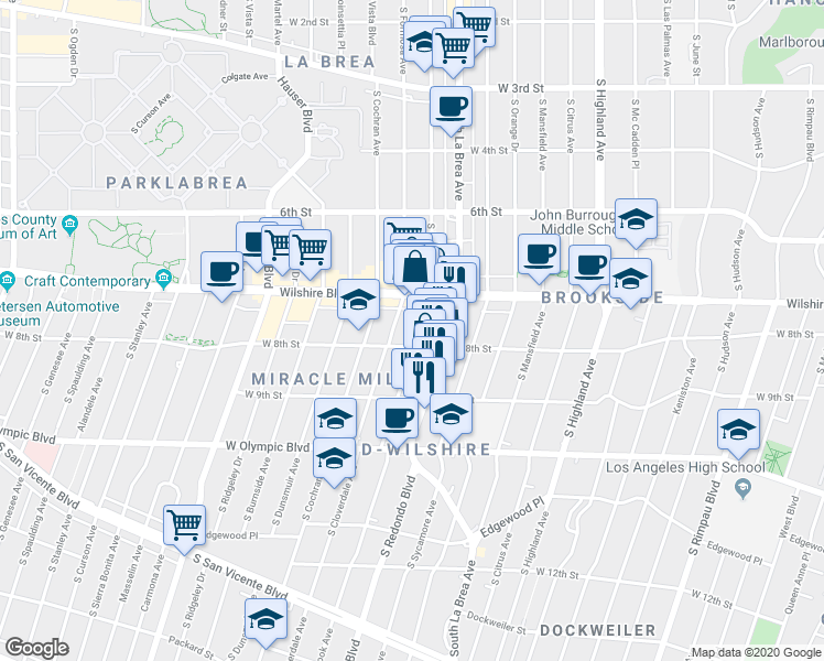 map of restaurants, bars, coffee shops, grocery stores, and more near 5314 West 8th Street in Los Angeles