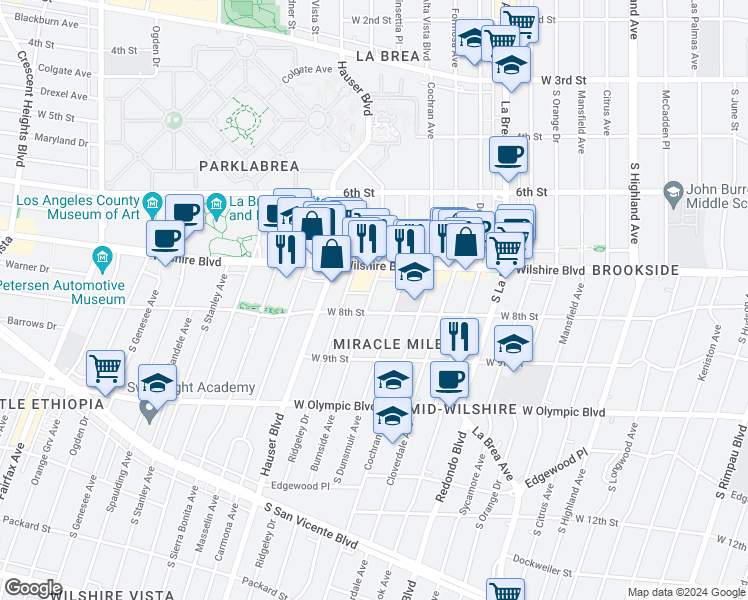 map of restaurants, bars, coffee shops, grocery stores, and more near 800 South Burnside Avenue in Los Angeles