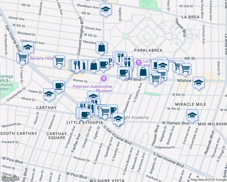 map of restaurants, bars, coffee shops, grocery stores, and more near 810 South Ogden Drive in Los Angeles