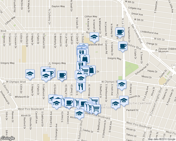 map of restaurants, bars, coffee shops, grocery stores, and more near 906 South Robertson Boulevard in Los Angeles
